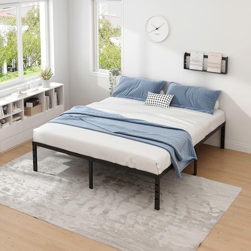 Metal Bed Frame,Queen Size Bed Frame with Storage Space,Heavy Duty Sturdy Mattress Foundation,Easy Assembly,No Box Spring Needed, Black,16 Inch,Queen